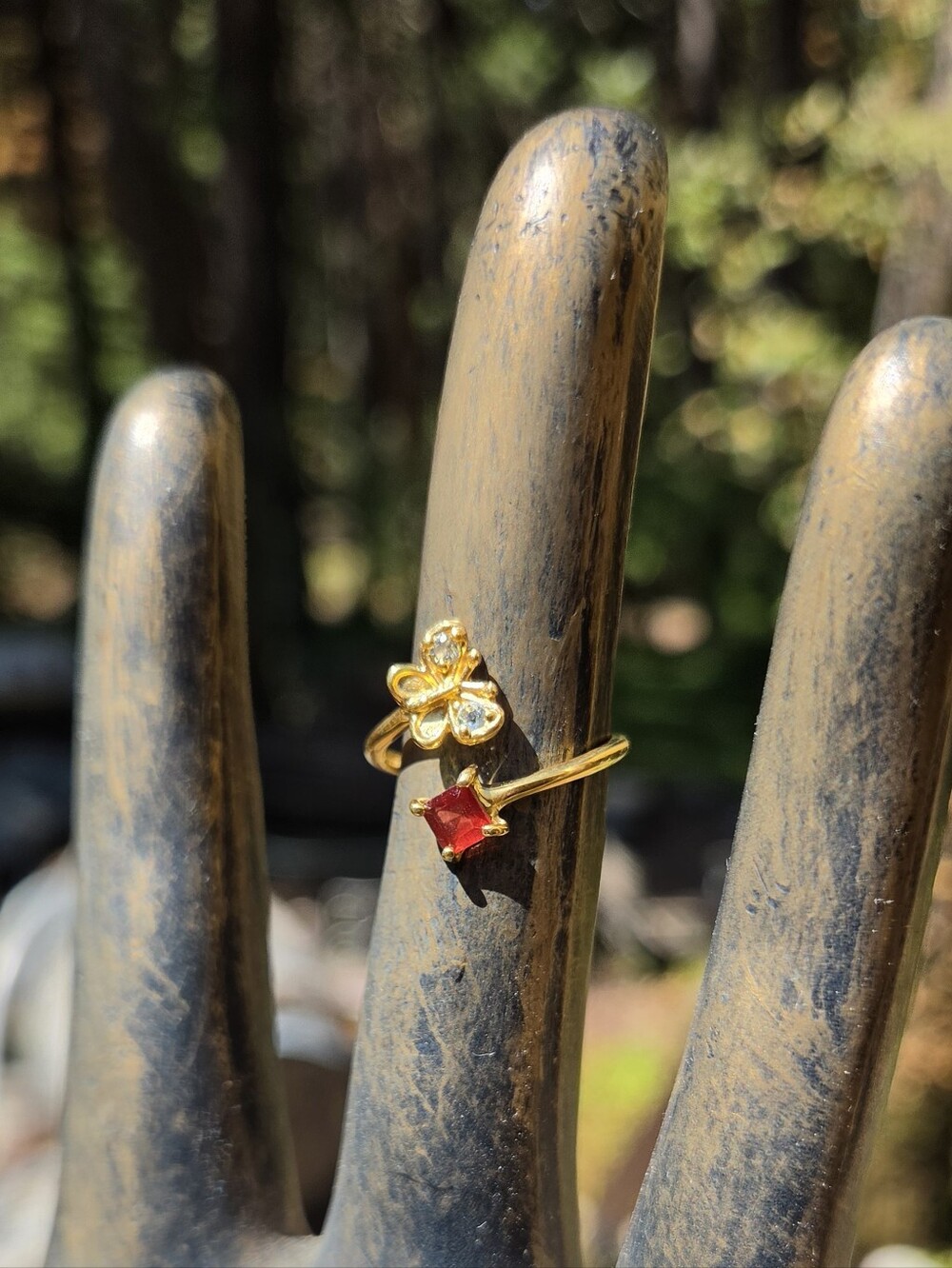 Garnet & Topaz Natural Gemstone Butterfly Sterling & Gold Ring Sz6.5 Adjustable - Picture 5 of 8
